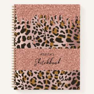 Leopard Animal Print Rose Gold Pink Glitter Drips Notebook
