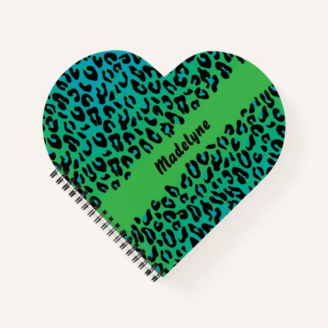 Leopard Animal Print Stylish Green Turquoise Name Notebook (Front)