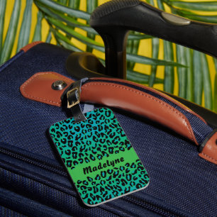 Leopard Animal Print Stylish Turquoise Ombre Name Luggage Tag