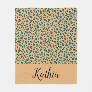 Leopard Animal Print Teal Tan Personalised Fleece Blanket