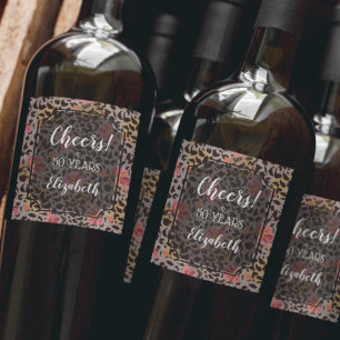 Leopard Animal Print Tropical Pink Floral Wine Label