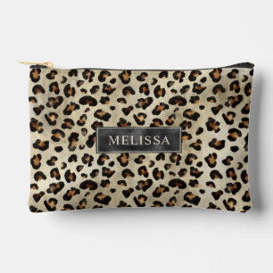 Leopard Animal Print With Black Faux Foil And Name Accessory Pouch