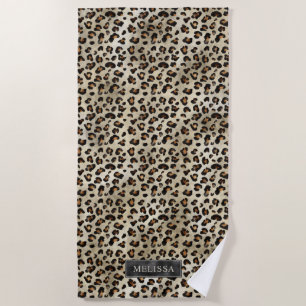 Leopard Animal Print With Black Faux Foil And Name Beach Towel