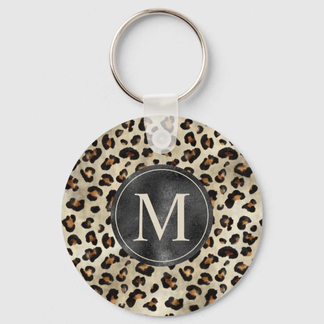 Leopard Animal Print With Black Faux Foil Monogram Key Ring (Front)