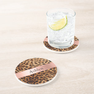 Leopard Animal Rose Pink Ribbon Name Coaster