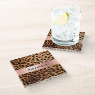 Leopard Animal Rose Pink Ribbon Name Glass Coaster