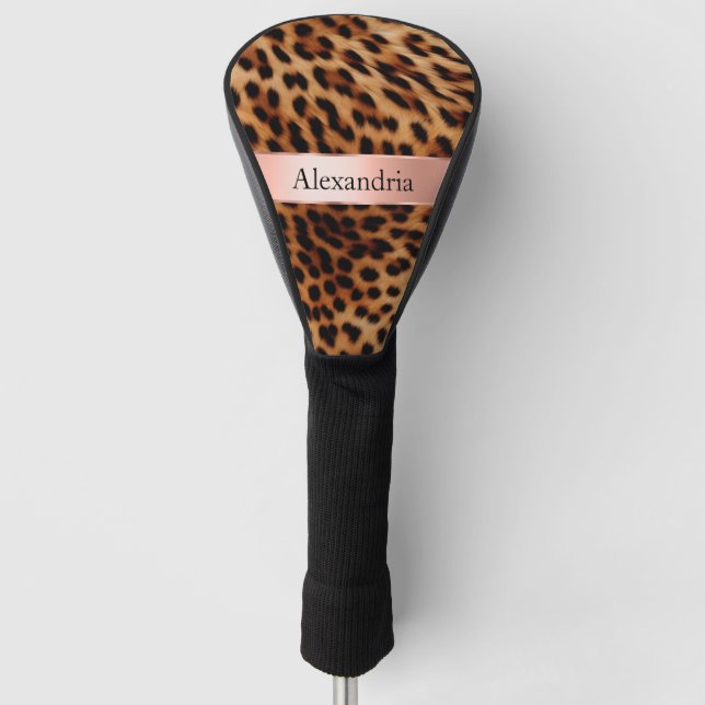 Leopard Animal Rose Pink Ribbon Name Golf Head Cover (Front)