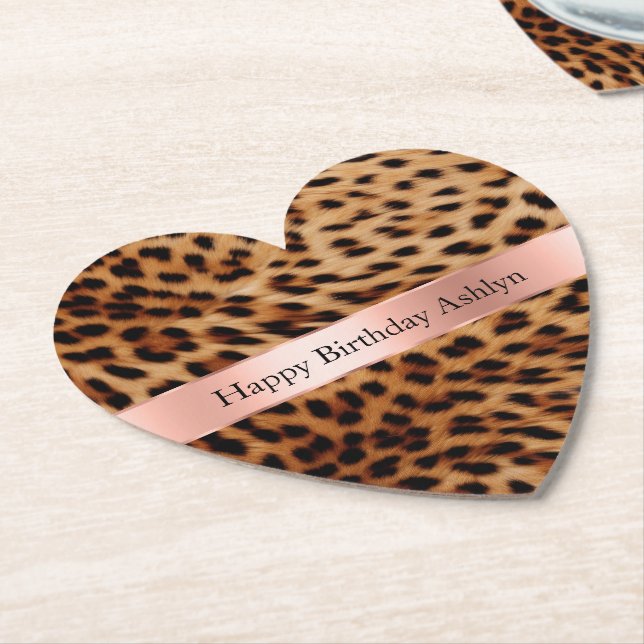 Leopard Animal Rose Pink Ribbon Name Paper Coaster (Angled)