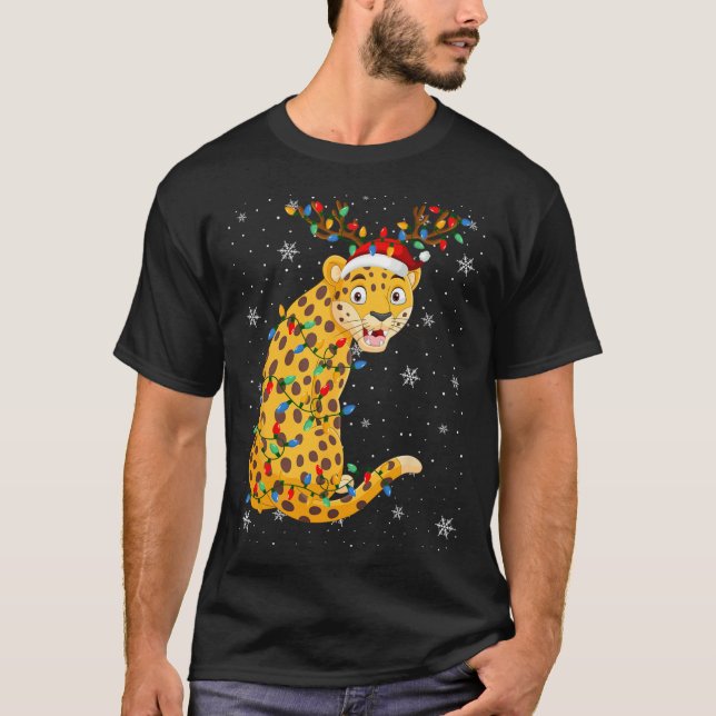 Leopard Animal Santa Hat Ugly Christmas Tree Light T-Shirt (Front)