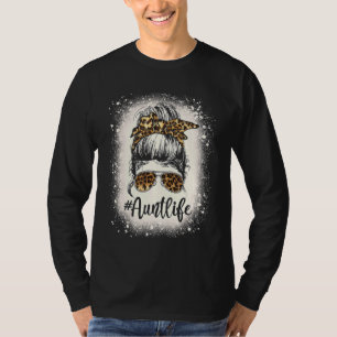 Leopard Aunt Life Messy Bun Bleached Auties Girl M T-Shirt
