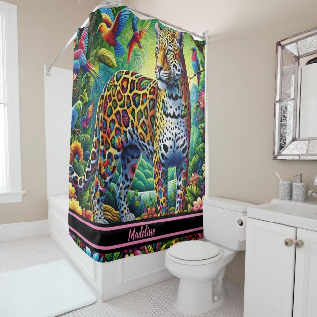 Leopard Aura: Tropical Birds Surrounding Shower Curtain (In Situ)