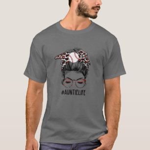Leopard Ball Auntie Life Messy Bun Game Day Mother T-Shirt