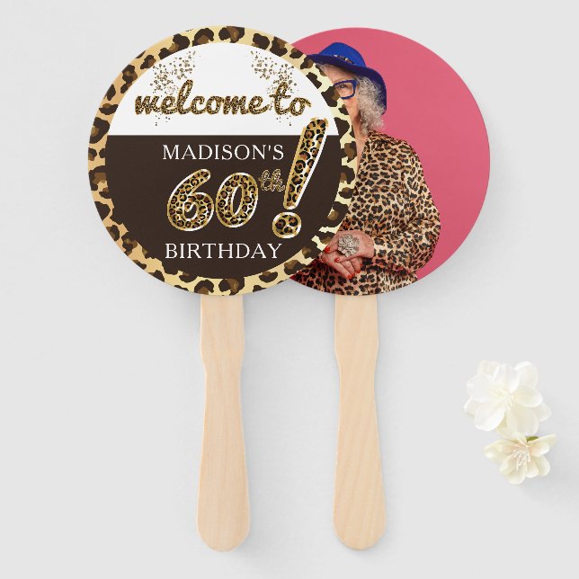 Leopard Balloon 60th Birthday Photo Personalised Hand Fan (Front and Back)