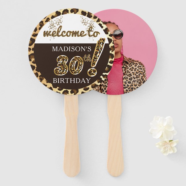 Leopard Balloon Script Birthday Photo Personalised Hand Fan (Front and Back)