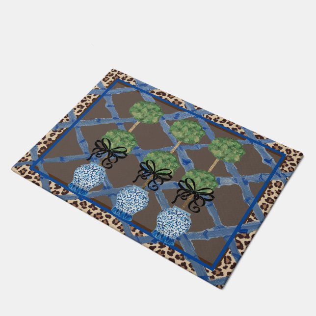 Leopard Bamboo Chinoiserie Ginger Jar Doormat Rug  (Angled)