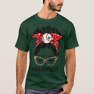 Leopard Baseball Grandma Life Messy Bun Game Day M T-Shirt
