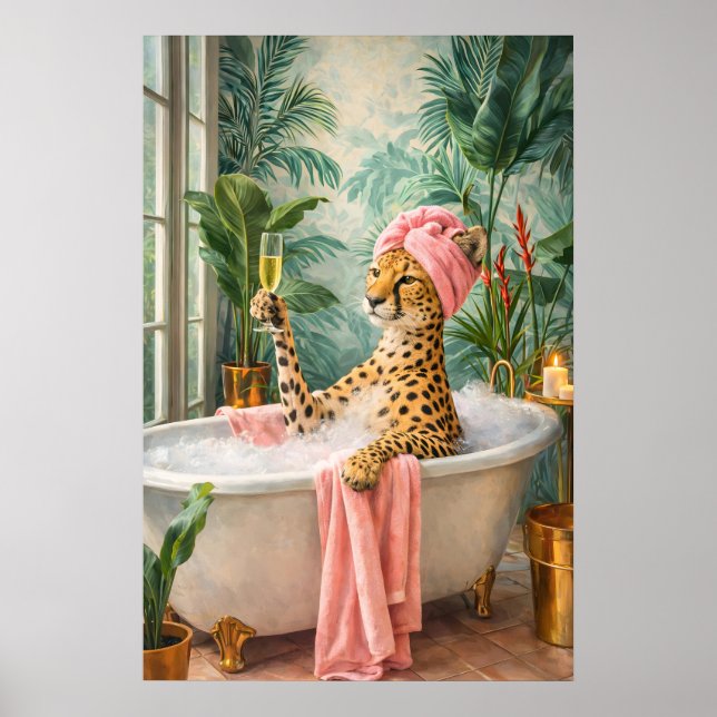 Leopard Bath Poster, Funny Animal Bathroom Art Poster (Front)
