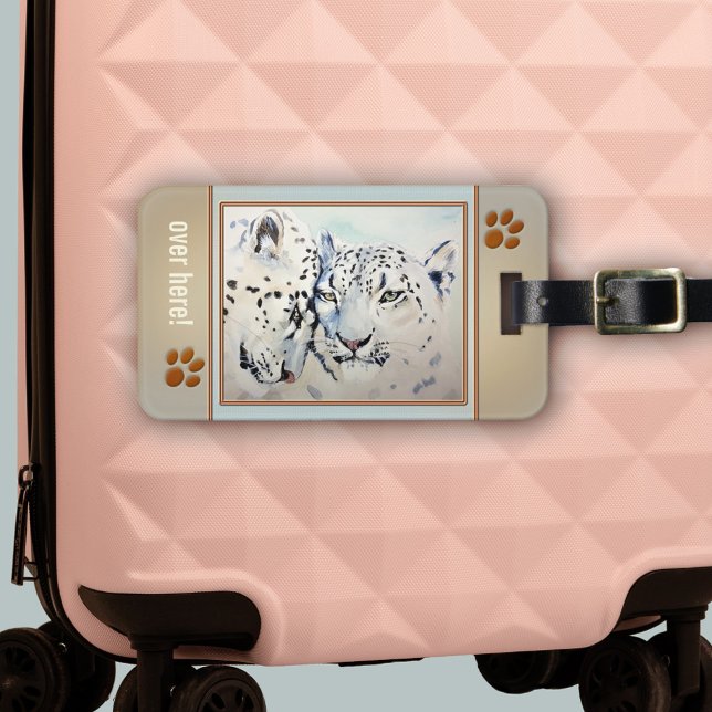Leopard Big Cat Love Luggage Tag (Luggage tag featuring a watercolor of two lovely leopards framed by cute cat paws and your own text)