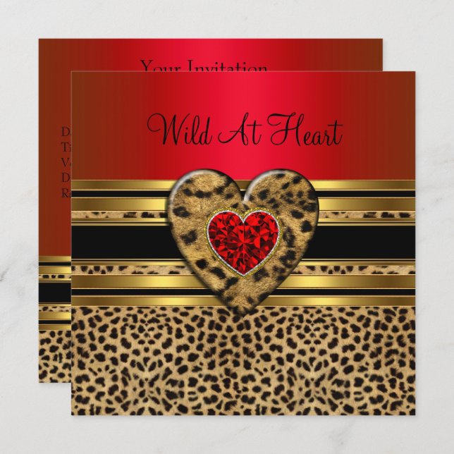 Leopard Birthday Wild At Heart Black Gold Red Invitation (Front/Back)