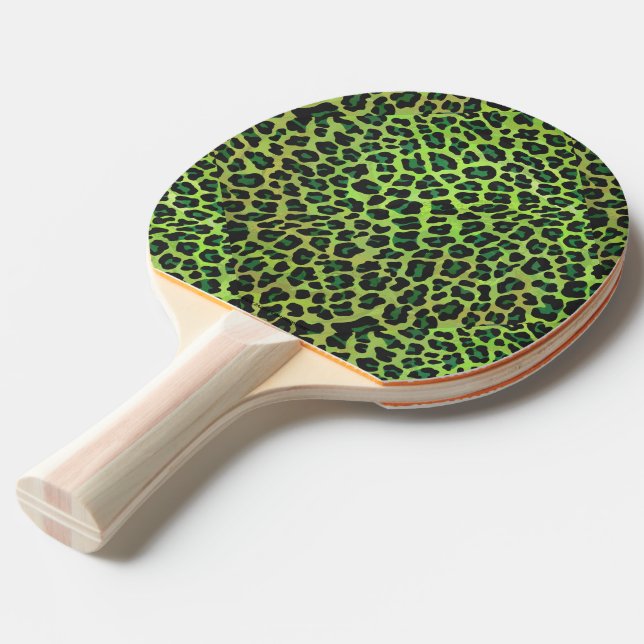 Leopard Black and Green Print Ping Pong Paddle (Front Angle)