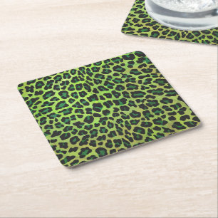 Leopard Black and Green Print Square Paper Coaster