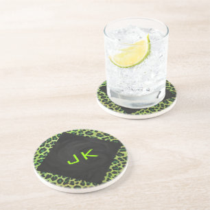 Leopard Black and Green with Monogram Coaster