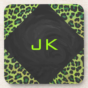 Leopard Black and Green with Monogram Coaster