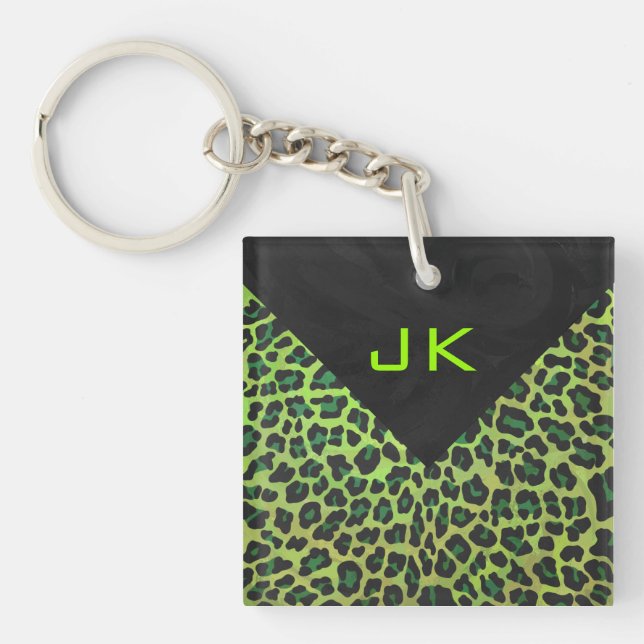 Leopard Black and Green with Monogram Key Ring (Front)