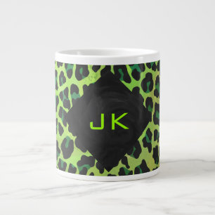 Leopard Black and Green with Monogram Large Coffee Mug