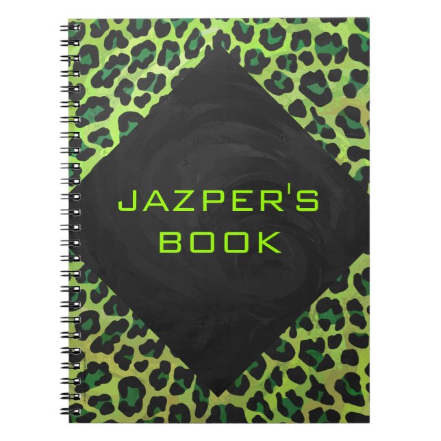 Leopard Black and Green with Monogram Spiral Notebook (Front)