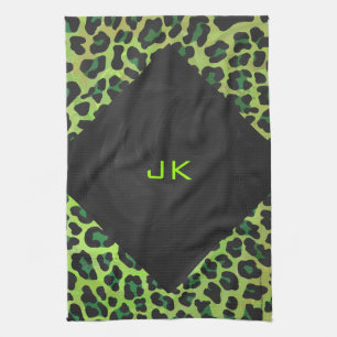Leopard Black and Green with Monogram Tea Towel
