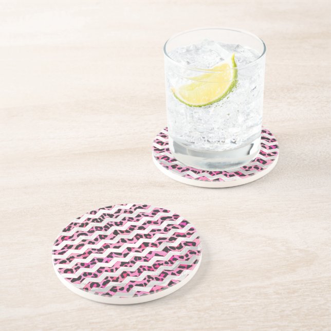 Leopard Black and Hot Pink Chevron Print Coaster (Side)