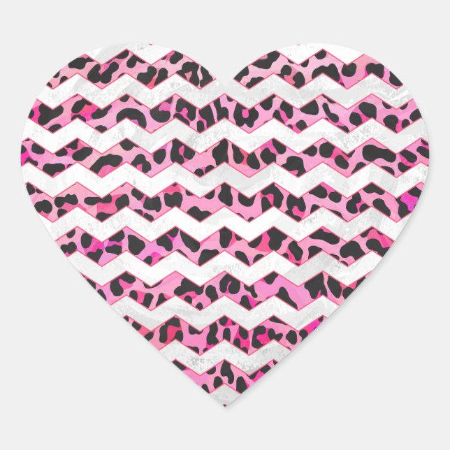 Leopard Black and Hot Pink Chevron Print Heart Sticker (Front)