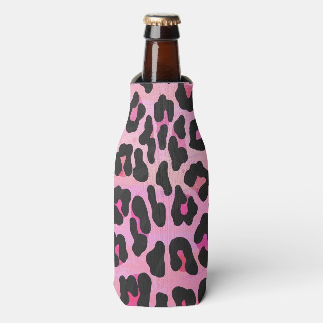 Leopard Black and Hot Pink Print Bottle Cooler (Bottle Front)