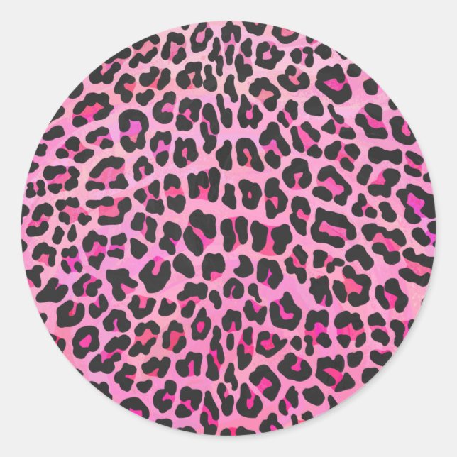 Leopard Black and Hot Pink Print Classic Round Sticker (Front)