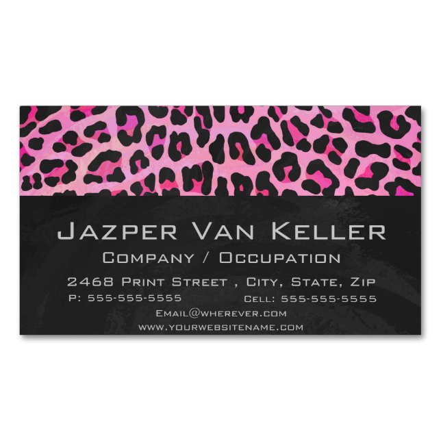 Leopard Black and Hot Pink Print Magnetic Business Card (Front)