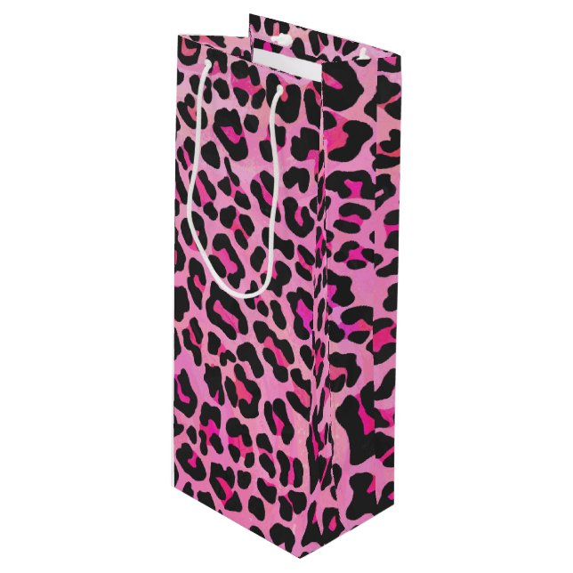 Leopard Black and Hot Pink Print Wine Gift Bag (Front Angled)