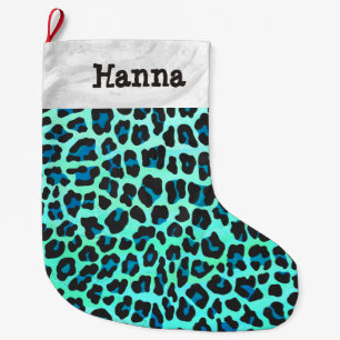 Leopard Black and Teal Large Christmas Stocking
