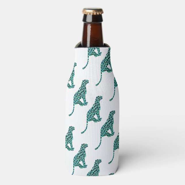 Leopard Black and Teal Print Bottle Cooler (Bottle Front)