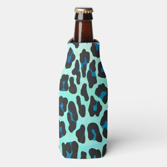 Leopard Black and Teal Print Bottle Cooler (Bottle Front)