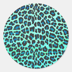Leopard Black and Teal Print Classic Round Sticker