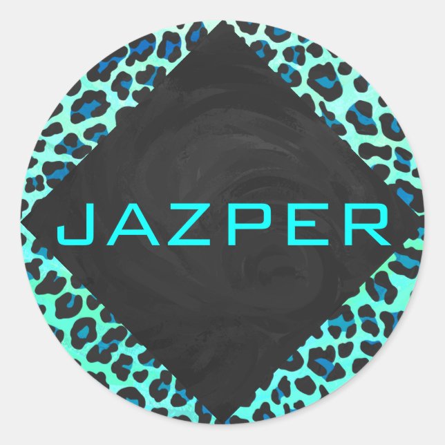Leopard Black and Teal Print Classic Round Sticker (Front)