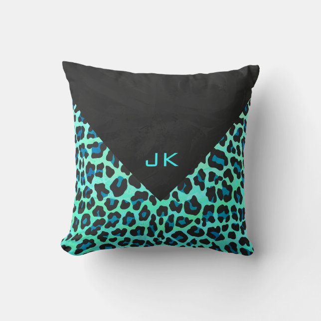 Leopard Black and Teal Print Cushion (Front)