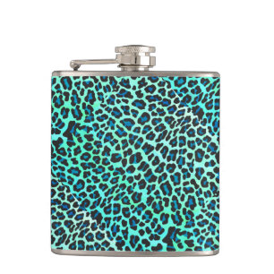 Leopard Black and Teal Print Hip Flask