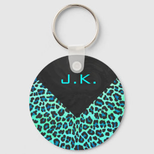 Leopard Black and Teal Print Key Ring