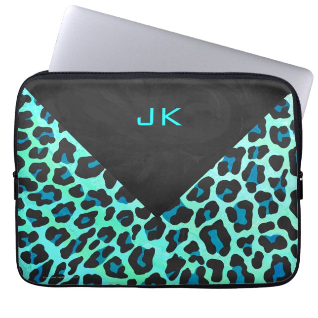 Leopard Black and Teal Print Laptop Sleeve (Front)
