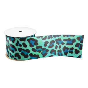 Leopard Black and Teal Print Satin Ribbon