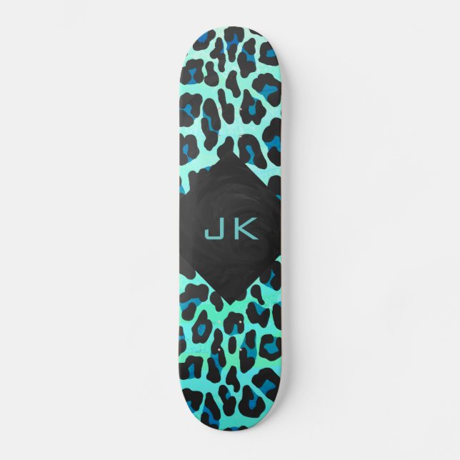 Leopard Black and Teal Print Skateboard (Front)