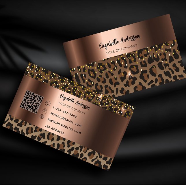 Leopard black brown bronze QR code Business Card (Creator Uploaded)
