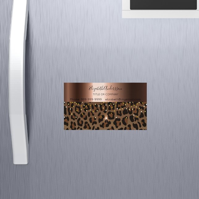 Leopard black brown sparkle glam bronze metallic magnetic business card (Creator Uploaded)